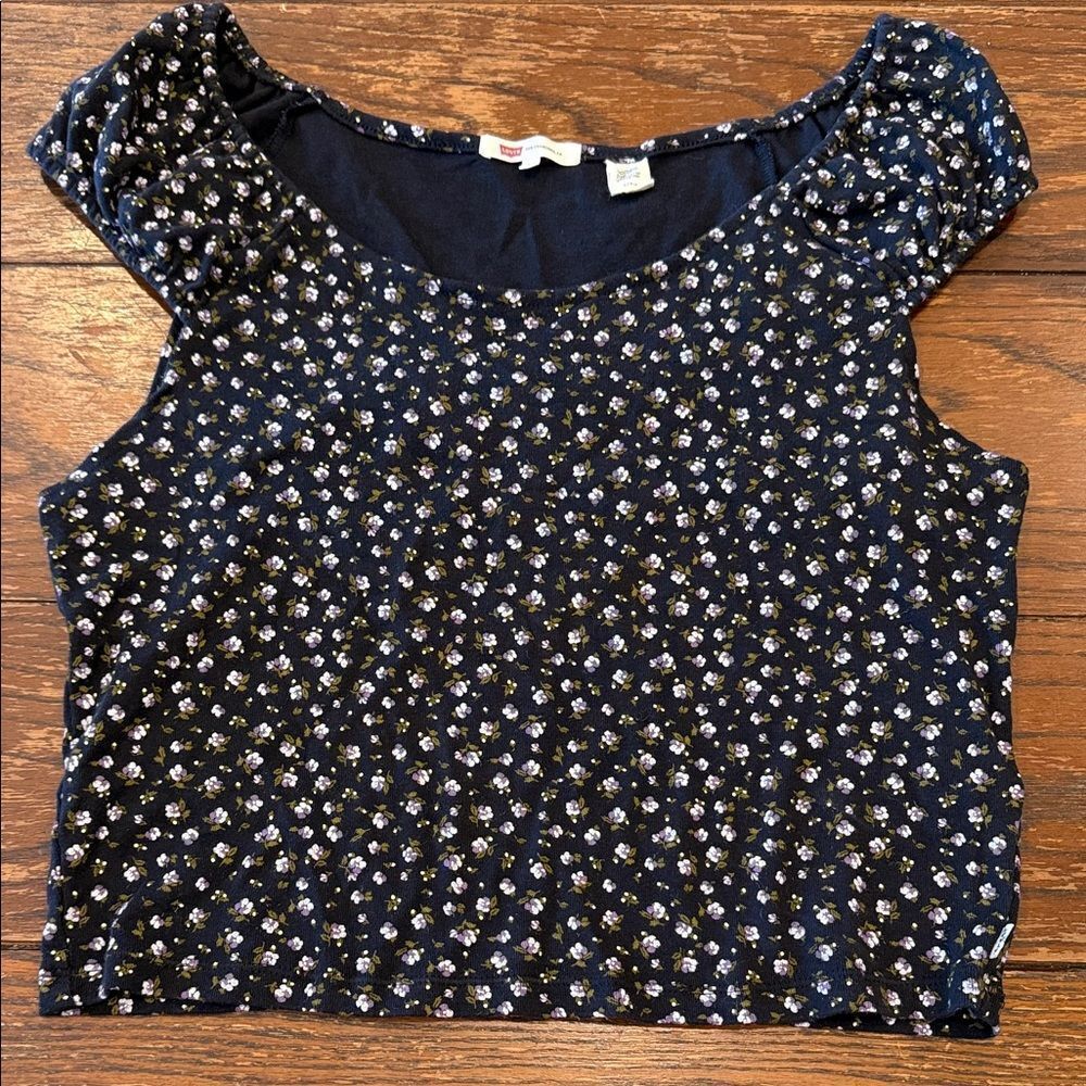 Levi’s Floral Crop Top Large Navy Ditsy Print Puff Sleeve Scoop Neck